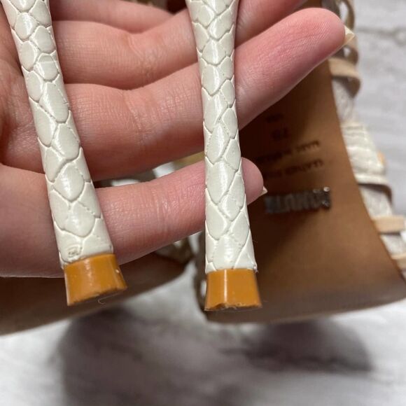 SCHUTZ Snake Print Caged High Heels Leather Sole White Tan Open Toe Ankle Strap - Picture 8 of 16